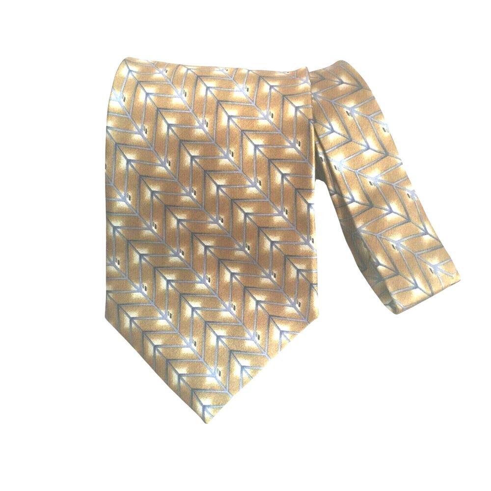Vintage Bill Blass designer pure silk neck tie retro tan & blue geometric design